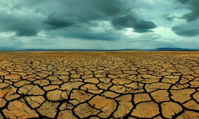 Image similar to panorama of big raindrops flying upwards into the perfect cloudless blue sky from a dried up river in a desolate land, dead trees, blue sky, hot and sunny highly-detailed, elegant, dramatic lighting, artstation, 4k, cinematic landscape, photograph by National Geographic