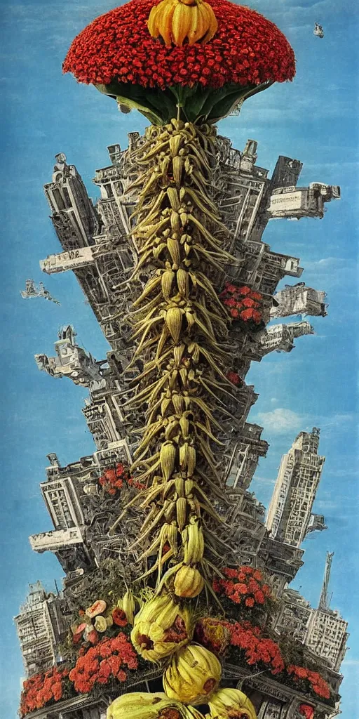 Image similar to colossal Beelzebub flower in the middle of post soviet constructivist cityscape, Stalinist architecture, brutalist architecture, ultradetailed, Intricate by Giuseppe Arcimboldo and MC Esher and Wes Anderson and H.R. Giger