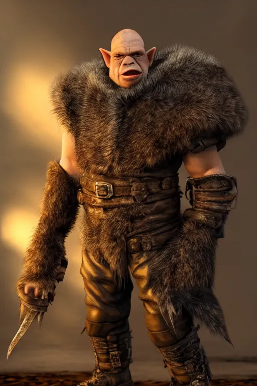Image similar to A full body shot of a handsome orc-(((((pig))))) looking into the camera wearing a leather fur jacket and boots, full body shot, detailed face, portrait, artstation, realistic, highly detailed, symmetrical, D&D, Dungeons & Dragons, hyper realistic, dynamic pose, high detail, octane render, unreal engine, 8k, fantasy art, highly detailed, dramatic lighting, concept art