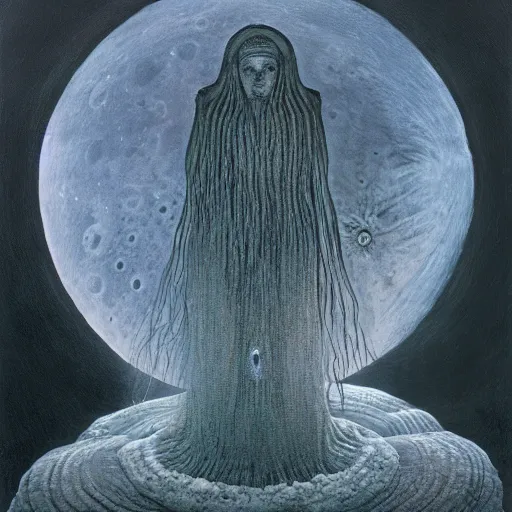 Prompt: the queen of the moon by zdzisław beksiński, dariusz zawadzki, jeffrey smith and h.r. giger, oil on canvas, 8k highly professionally detailed, trending on artstation