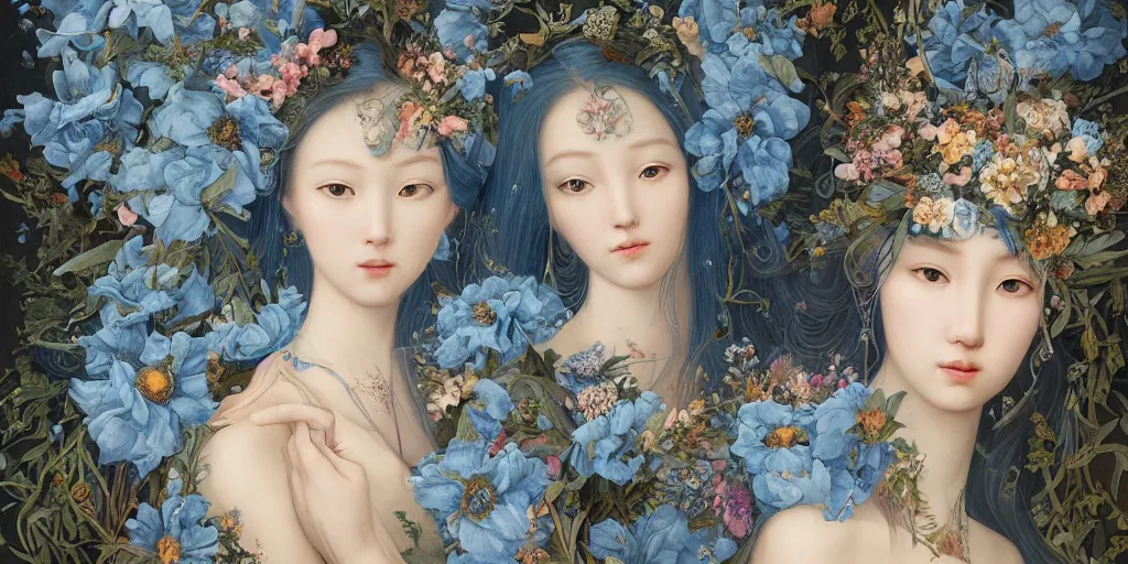 Image similar to breathtaking detailed concept art painting portrait of two goddess of light blue flowers by hsiao - ron cheng, carroty hair, orthodox saint, with anxious piercing eyes, vintage illustration pattern background with bizarre compositions blend of flowers and fruits and birds by beto val and john james audubon, exquisite detail, extremely moody lighting, 8 k