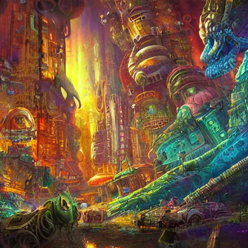 Image similar to dense alien city on ancient post - apocalyptic planet, jim henson creature shop, vivid and colorful, thomas kincaid, cinematic, oil painting, highly detailed, illustration