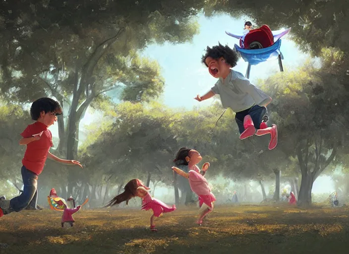 Prompt: happy children fly through a public park, by alejandro burdisio and bob bylerley and greg rutkowski