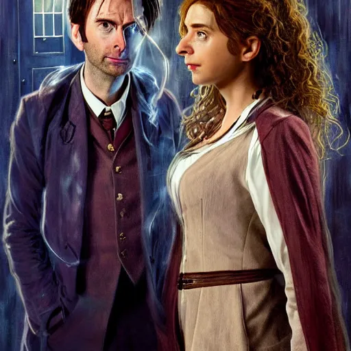 Image similar to david tennant as tenth doctor who and hermione granger in tardis, highly detailed, artstation, concept art, fantasy, smooth, sharp focus, illustration, perfect face, art by nikolay makovsky, jacek malczewski, arthur hughes, edward okun, franz xaver winterhalter