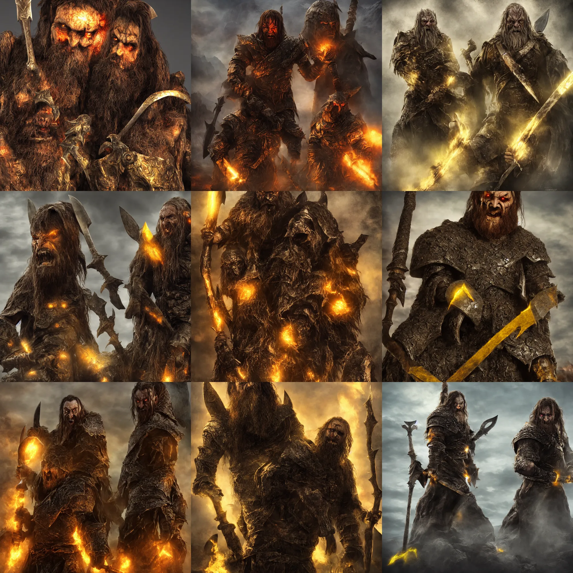 Prompt: corrupted evil gimli in mordor, full body, yellow eyes, axe, volumetric light, highly detailed, sharp focus, 8 k