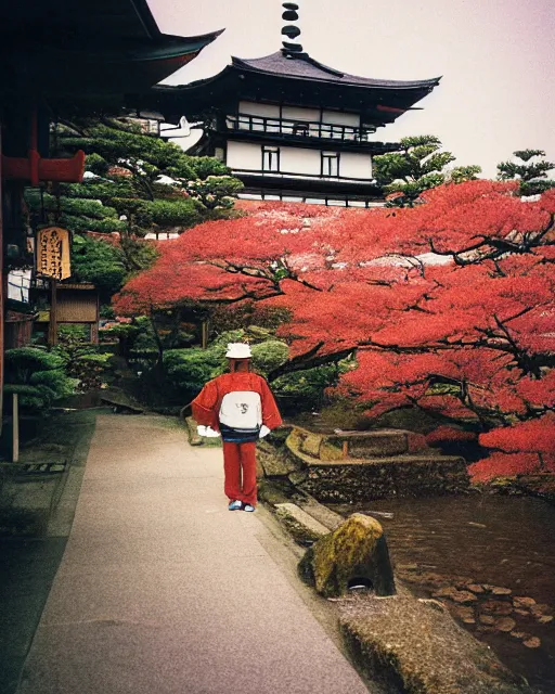 Image similar to a lomographic photo of old pacific rim ( 2 0 1 3 ) jaeger, standing in typical japanese yard in small town, hikone on background, cinestill, bokeh