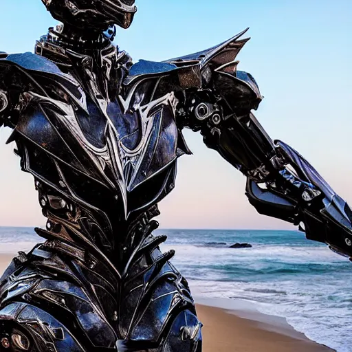 Prompt: chest up shot, realistic detailed stunning beautiful armored humanoid robot anthropomorphic female dragon, looking to the side with an elegant pose of hand on hip, smooth and streamlined armor and design made of steel, sharp claws and sharp teeth, high quality head, Slick LEDs, on the beach during sunset, high quality, cinematic art, sci fi, sunset lighting, 3D render, 8k, artstation, deviantart, furaffinity