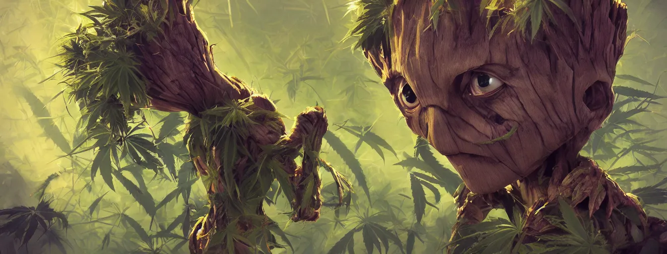 Image similar to duotone concept illustration 3 / 4 portrait of baby groot wearing cannabis hat, hemp, marijuana!, cinematic volumentric lighting, jim cheung, david marquez, mike deodato jr, ilya kuvshinov, makoto shinka, behance hd by jesper ejsing, by rhads, hyper detailed, octane render, concept art, artstation