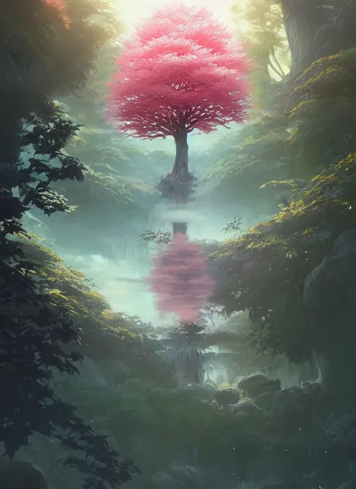 Image similar to Highly detailed Sakura tree, Stephen Bliss, unreal engine, fantasy art by Greg Rutkowski, Loish, Rhads, ferdinand knab, Makoto Shinkai and Lois van baarle, ilya kuvshinov, rossdraws, Tom Bagshaw, global illumination, radiant light, detailed and intricate environment