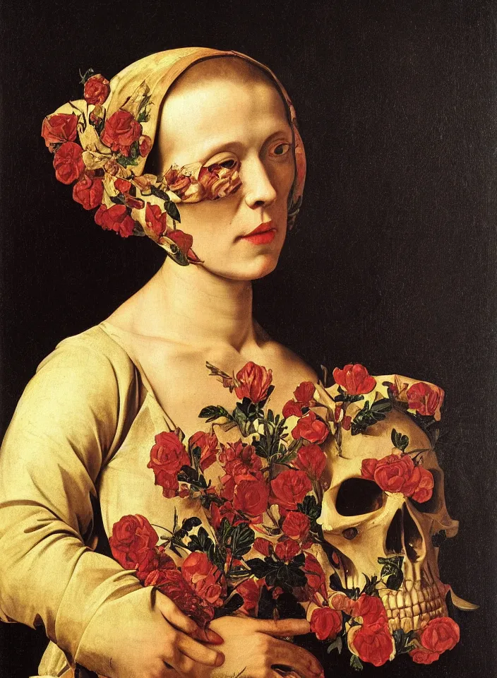 Image similar to portrait of a woman with a golden skull instead of a head in a dress of rose petals, oil painting in a renaissance style , very detailed, painted by Caravaggio.