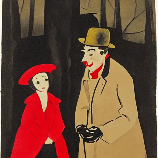 Image similar to A thin man in a black coat and bowler hat talks with small girl who is dressed in a red coat and a red hat, park, autumn, 1923, in the style of Oskar Kokoschka, wide angle, high detail, width 768