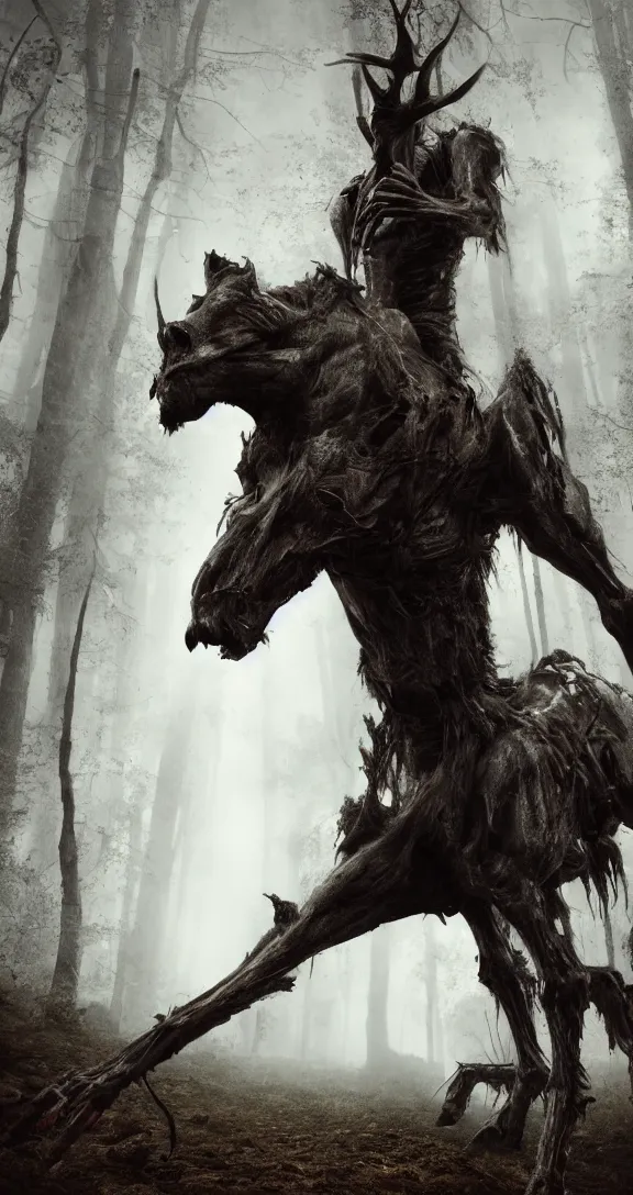 Prompt: a cinema still of a tall, bony humanoid creature with the head and hooves of a horse and disproportionately long limbs with dark gloomy forest in the background shot by guilliermo del toro, horror, dark, natural, hyper detailed, digital art, trending in artstation, cinematic lighting, studio quality,
