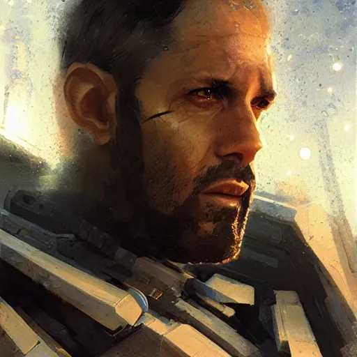 Image similar to a middle eastern starship crew member with cybernetic enhancements, close - up, sci fi character portrait by greg rutkowski, craig mullins