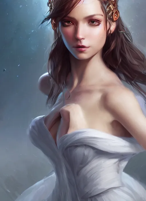 Image similar to beautiful fashion goddness, strapless dress, character portrait in the style of thomas river and artgerm, wlop, cinematic lighting, hyperdetailed, 8 k realistic, symmetrical, global illumination, radiant light, halo, love and mercy, frostbite 3 engine, cryengine, dof, trending on artstation, digital art, chanel