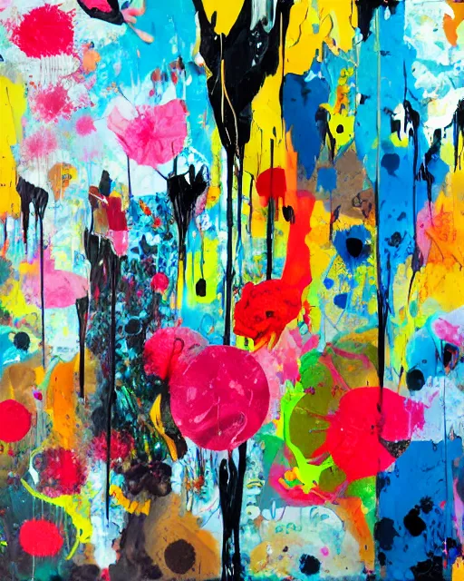 Image similar to abstract expressionist painting, paint drips, acrylic, wildstyle, clear shapes, maximalism, smeared flowers, large triangular shapes