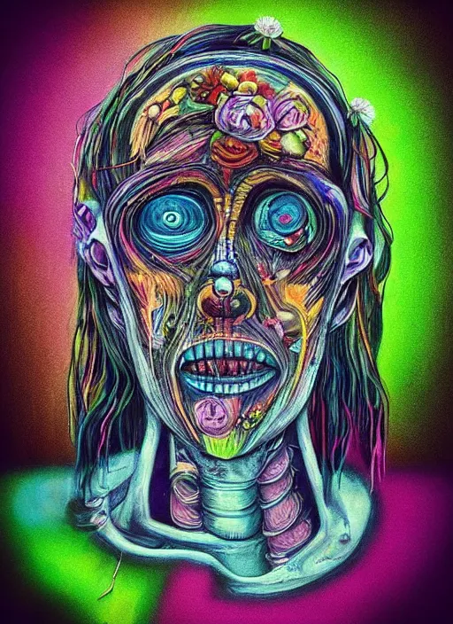 Prompt: “A (surreal) neon painting of a rotting and putrid shaman, made of flowers, futuristic picasso by hr giger and Vladimir kush and dali and kandinsky, 3d, realistic shading, complimentary colors, vivid neon colors, aesthetically pleasing composition, masterpiece, 4k, 8k, ultra realistic, super realistic”