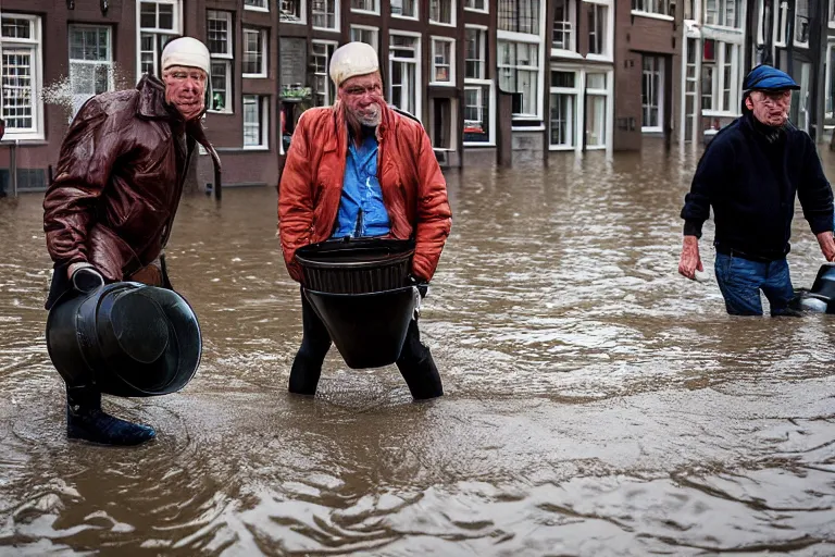 Image similar to closeup potrait of Dutch people with buckets in a flood in Amsterdam, photograph, natural light, sharp, detailed face, magazine, press, photo, Steve McCurry, David Lazar, Canon, Nikon, focus