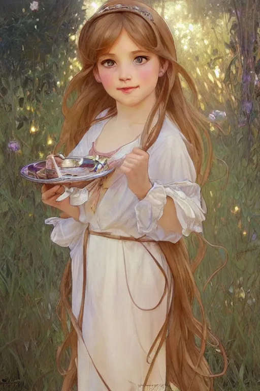 Image similar to a little girl with a mischievous face and short!! light brown straight hair. she is dressed as disney princess painting, beautiful detailed face. by artgerm and greg rutkowski and alphonse mucha