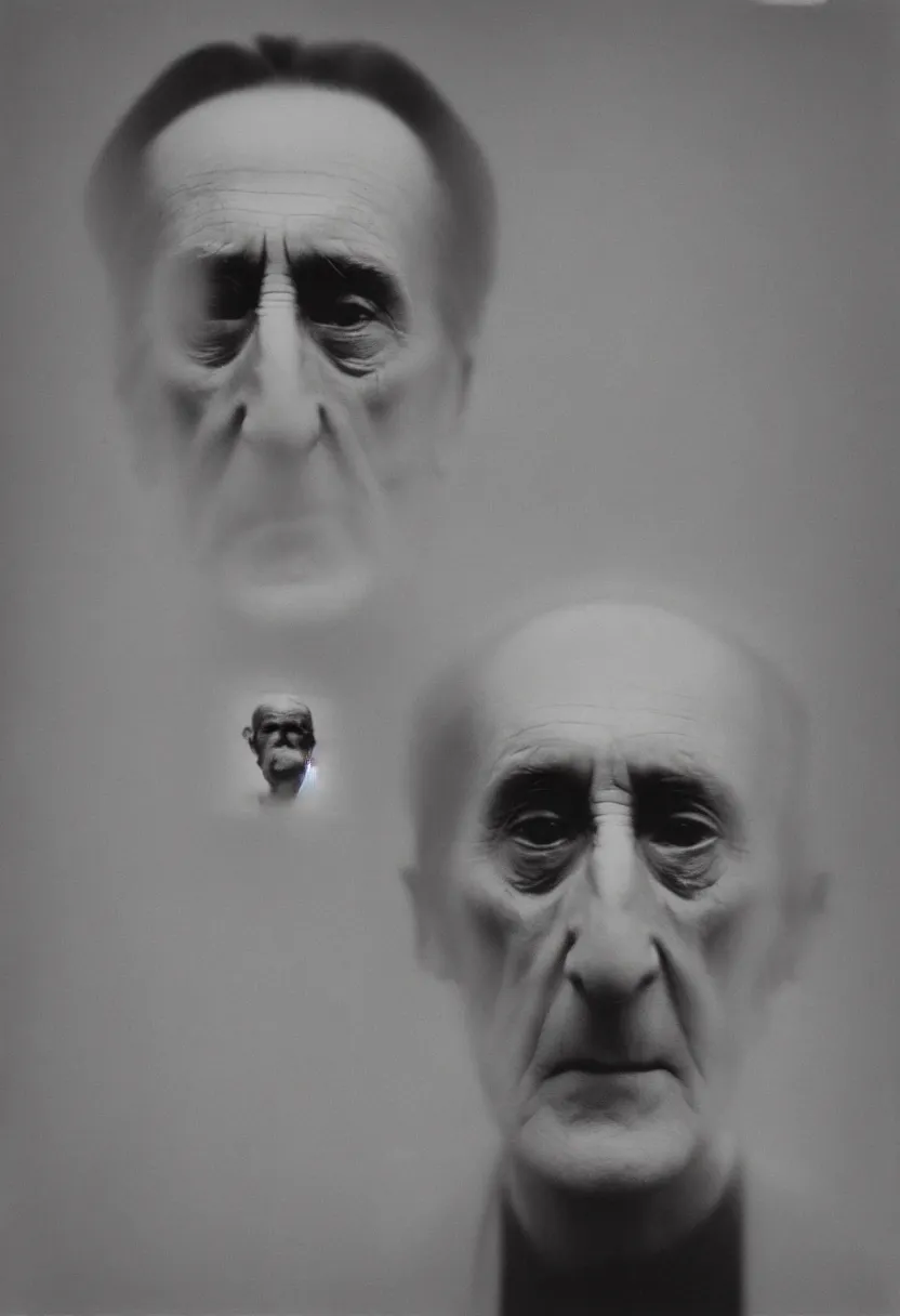 Prompt: close-up portrait of Marcel Duchamp in a empty white void, tri-x, Trent Parke, Richard Avedon, Gustave Doré, archival pigment print, contemporary art