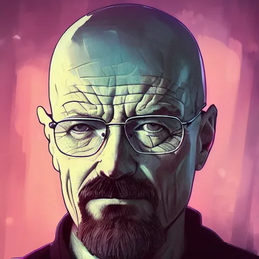 Image similar to high quality illustration, walter white realistic portrait, cyberpunk, alphonse mucha, riot game, beautiful, epic composition, alexandre bourlet, arcane, lois van baarle, league of legend, digital painting, james jean, dynamic colors, greg rutkuwsky, artstation, concept art, neon