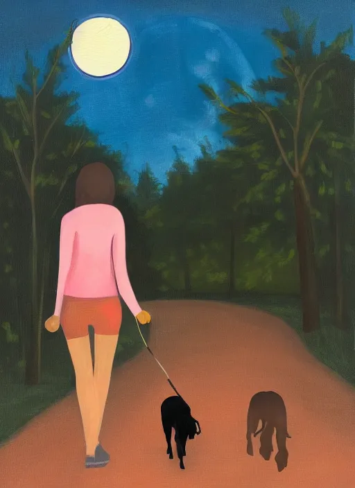 Image similar to young brown woman walking her dog in a park at night with a full moon, painting fantasy