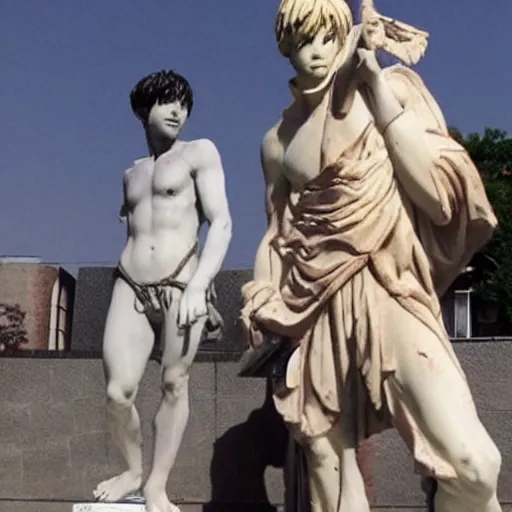 Prompt: anime boy with roman statue boyfriend, old photo