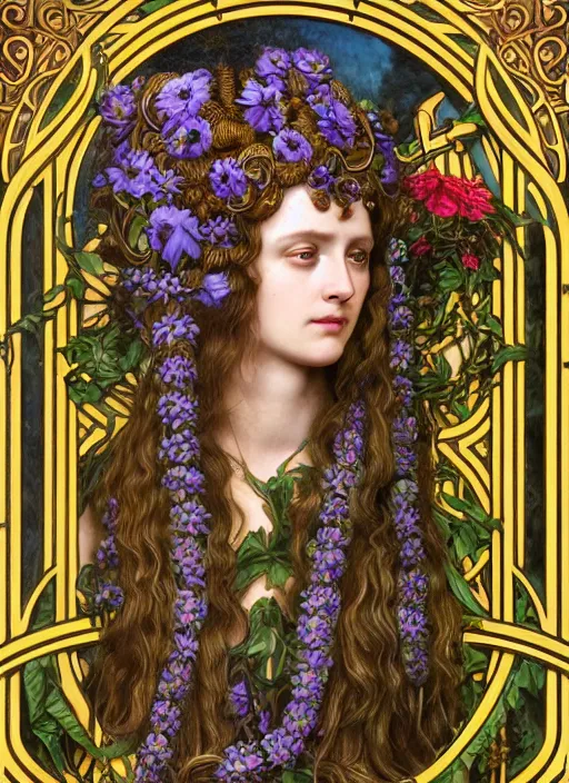 Image similar to ultradetailed ornate pre-raphaelite RPG illustration of beautiful symmetric Medusa radiating glowing aura wearing an art nouveau flowery armor with much decorum and modesty, digital airbrush painting, 3d rim light, hyperrealistic masterpiece, artstation, cgsociety, kodakchrome, golden ratio