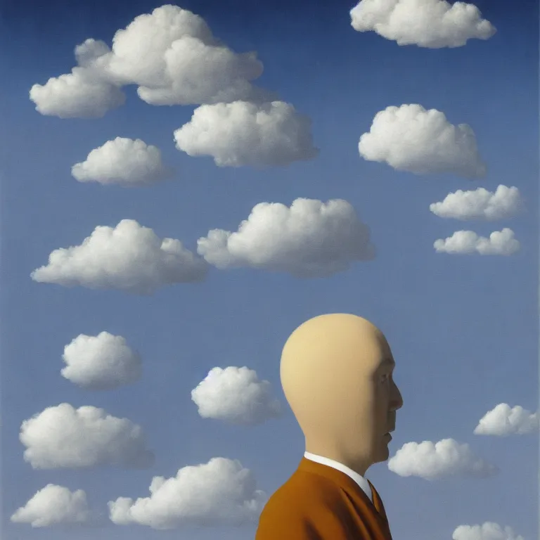 Image similar to cloud - man, by rene magritte, centered, detailed painting, hd, hq, high resolution, high detail, 4 k, 8 k