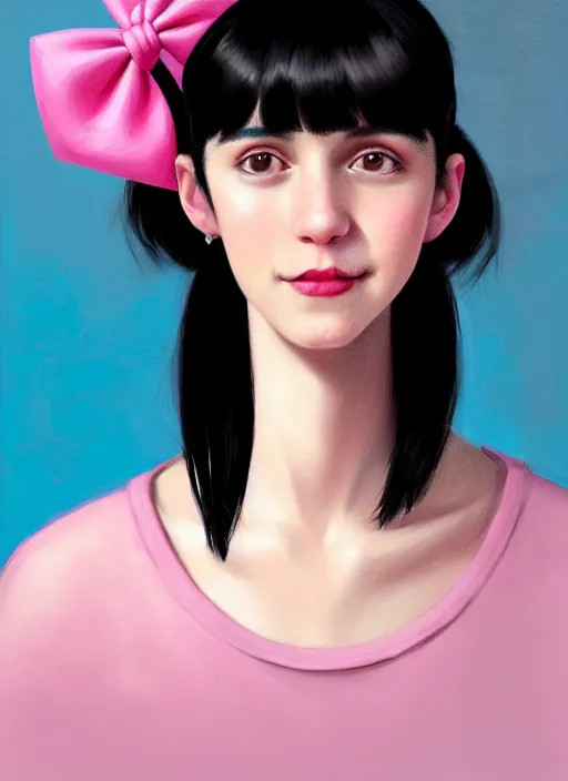 Image similar to portrait of teenage girl, realistic, black hair, bangs, half updo hairstyle, pointy nose, skinny, smile, ugly, defined jawline, big chin, pink hair bow, earrings, intricate, elegant, glowing lights, highly detailed, digital painting, artstation, sharp focus, illustration, art by wlop, mars ravelo and greg rutkowski