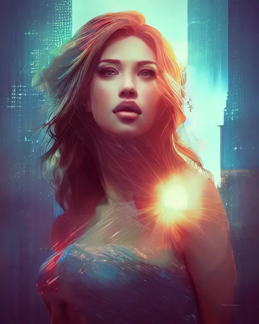 Prompt: beautiful auburn woman portrait double exposure cityscape sunrise, by artgerm, ross tran, photorealism, deviantart