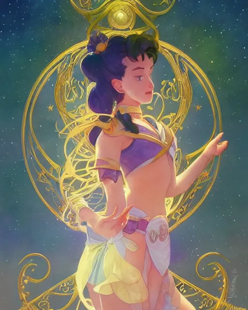 Image similar to sailor moon dancing with crescent moon background, highly detailed, gold filigree, romantic storybook fantasy, soft cinematic lighting, award, sisney concept art watercolor illustration by mandy jurgens and alphonse mucha and alena aenami, pastel color palette, featured on artstation