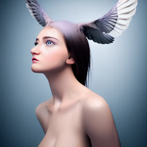 Prompt: beautiful humanized pigeon - girl, in full growth, studio shot in style, professional photographer, many details, super realistic, high quality, 8 k