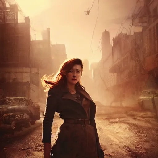 Prompt: fallout 5, charismatic beautiful rugged brunette female protagonist, portrait, outdoors ruined cityscape, atmospheric lighting, painted, intricate, volumetric lighting, beautiful, daytime, sunny weather, few clouds, sharp focus, deep colours, ultra detailed, by leesha hannigan, ross tran, thierry doizon, kai carpenter, ignacio fernandez rios