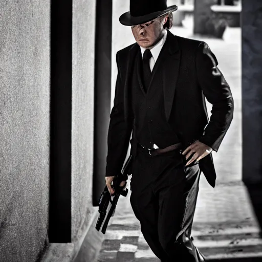 Prompt: serious looking man in a black suit and black fedora hat. he has a big silver gun, 4 k, atmospheric, epic scene, strong shadows, high contrast