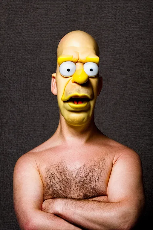 Image similar to studio portrait of man that looks excactly like homer simpson, lookalike, as if homer simpson came to life, soft light, black background, fine details, close - up, award winning photo by jimmy nelson