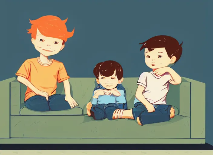 Image similar to two little boys sitting on a couch, they are best friends. a little blonde boy and a little ginger boy. clean cel shaded vector art. shutterstock. behance hd by lois van baarle, artgerm, helen huang, by makoto shinkai and ilya kuvshinov, rossdraws, illustration, art by ilya kuvshinov