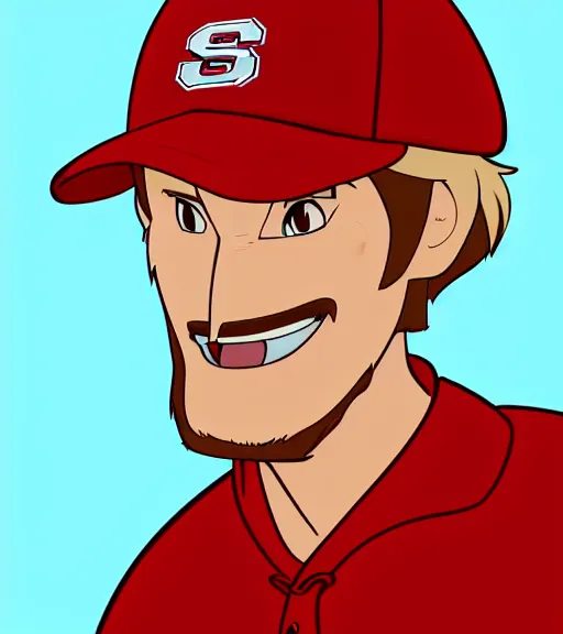 Image similar to tall white guy with short blonde beard wearing a nc state red baseball cap and red shirt full color digital illustration in the style of don bluth, artgerm, artstation trending, 4 k