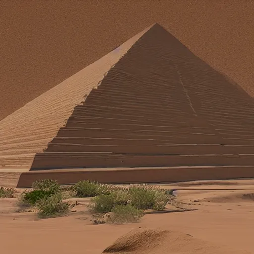 Image similar to front entrance of a pyramid with an inverted pyramid at the top in the desert partially covered by sand, highly detailed, videogame screenshot, panoramic view