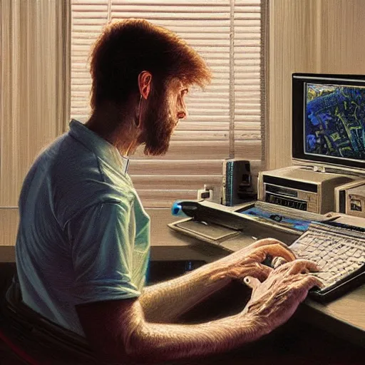 Image similar to Guy programming at his computer in the 80s at night in a dark room, candid art by Donato Giancola and James Gurney, digital art, trending on artstation