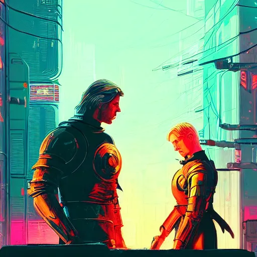 Image similar to jaime lannister and brienne of tarth fighting against a horde of neon zombies, cyberpunk art by james gilleard, cgsociety, retrofuturism, synthwave, retrowave, outrun