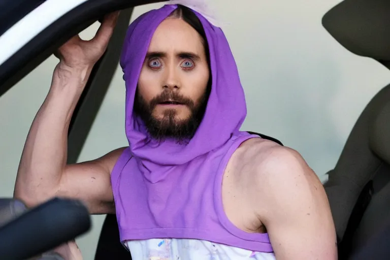 Prompt: medium full shot of jared leto as a white gang member wearing a purple head covering made from a polyester or nylon material and a white tank top inside a car doing a drive - by shooting in the new movie directed by ice cube, movie still frame, arms covered in gang tattoo, promotional image, critically condemned, top 1 5 worst movie ever imdb list, public condemned, relentlessly detailed