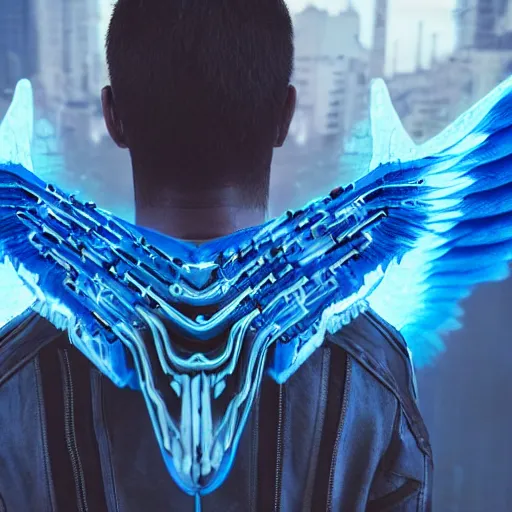 Prompt: young French man with blue energy wing on his back, behind a futuristic cyberpunk city, hyperrealistic, high quality, multiple details