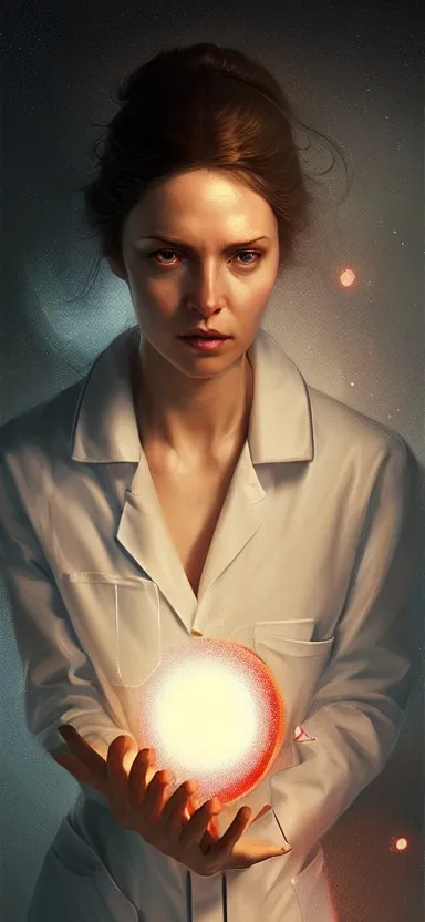 Prompt: a portrait art of a beautiful female scientist in a laboratory holding a small black hole in her hands, inspired art by istvan sandorfi and greg rutkowski, concept art, stylised, elegant, illustration, high quality, highly detailed, long hair, digital art, futuristic art style, artstation