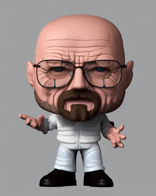 Image similar to full body 3d render of Walter White as a funko pop, studio lighting, white background, blender, trending on artstation, 8k, highly detailed