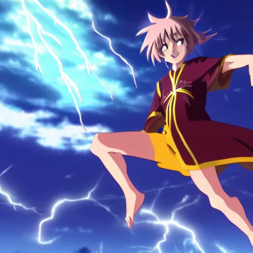 Prompt: a young wizard leaping into the sky, shooting a lightning bolt, anime style, 4 k anime frame, crunchyroll