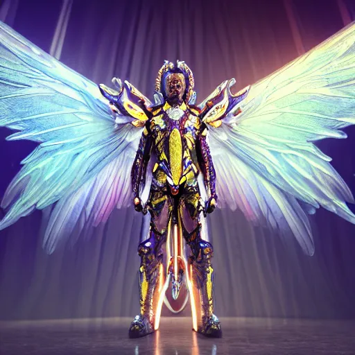 Image similar to a photo of 8 k hyper realistic, octane render archangel with white iridescent wings, full body, intricate purple and yellow neon armor, ornate, standing on front of huge megastructure red doors of heaven, with sword of fire, magical atmosphere, cinematic lighting, trending on artstation, 4 k, hyperrealistic, focused, high details, unreal engine 5