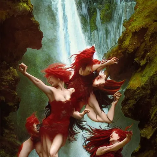 Prompt: an extremely detailed portrait of four polyamorous red haired succubuses dancing while hiding from a thunderstorm in a cave behind a waterfall, epic fantasy, viewed in profile from far away, sharp focus, detailed face, art by greg rutkowski and alphonse mucha, volumetric lighting, 4 k resolution, trending on artstation, masterpiece