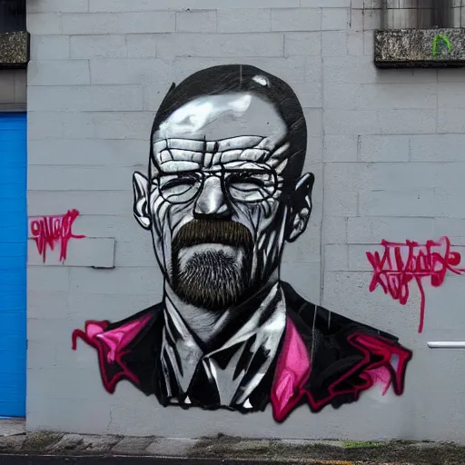 Image similar to Gigachad Muscular Walter White Flexing, Urban Graffiti Banksy, Bordalo, trending on artstation