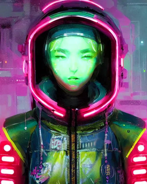 Image similar to detailed portrait Neon Spacesuit Girl, cyberpunk futuristic neon, reflective puffy coat, decorated with traditional Japanese ornaments by Ismail inceoglu dragan bibin hans thoma greg rutkowski Alexandros Pyromallis Nekro Rene Maritte Illustrated, Perfect face, fine details, realistic shaded, fine-face, pretty face