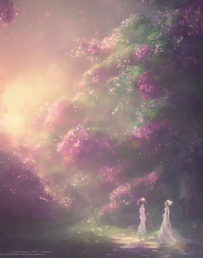 Image similar to beautiful wedding flower bouquet, environment concept art, daytime ethereal anime, high detail Impressionist style, dreamy light color palette, style of studio ghibli and moebius, concept art stunning atmosphere, trending on artstation, volumetric light